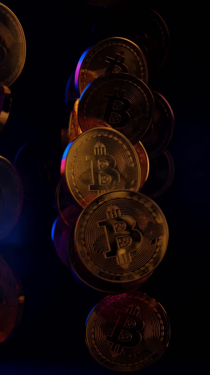 Animación de Bitcoin dorado girando sobre fondo oscuro. Cripto cinematográfico 4K
