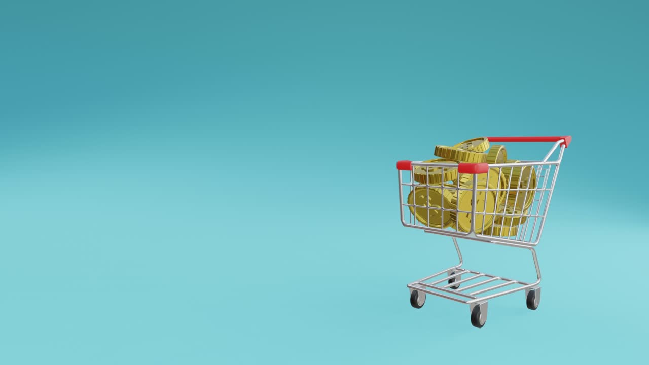 A realistic 3d animation video showing a shopping cart sliding into the scene with a large drop of gold coin stack in concept, sale and discount marketing promotion.