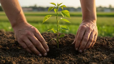 A Gardener&#039;s Care: Planting and Nurturing a Young Seedling in Fertile Soil During Sunset for a Thriving Future Garden