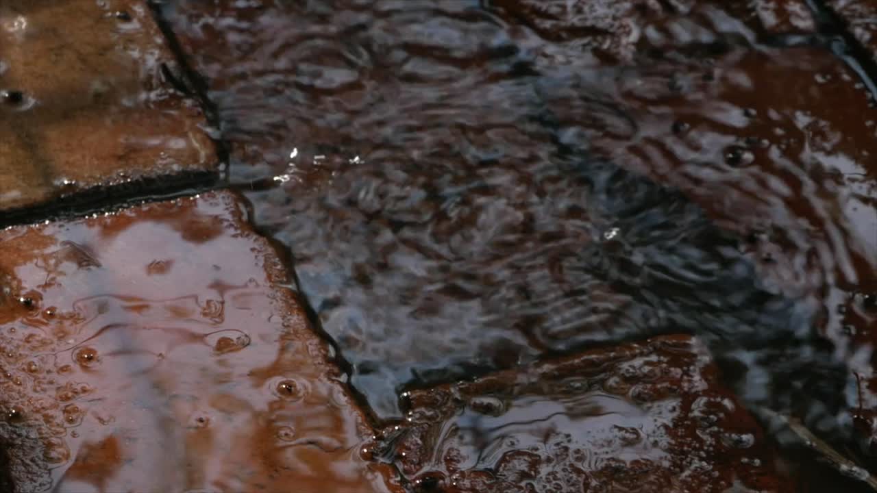 포장된 보도에서 웅덩이에 떨어지는 빗물의 슬로우 모션 핸드헬드 영상