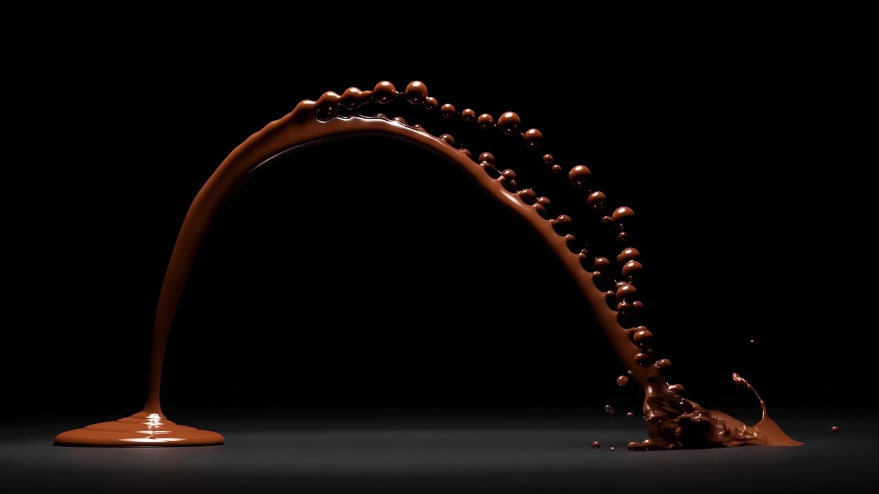 Líquido de chocolate brilhante sobe de uma base acumulada, curva-se em uma fita arqueada e depois se separa em gotículas arredondadas antes do impacto do respingo em uma superfície de estúdio escura, criando um movimento fluido e escultural.