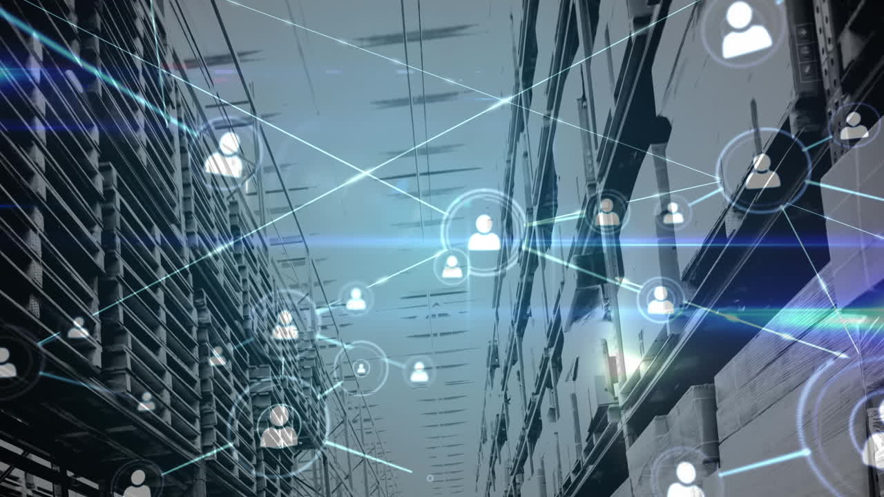 Animation of network of connections over shelves in warehouse