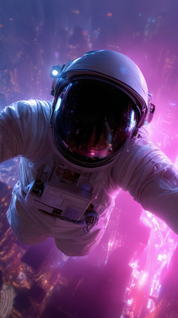 An astronaut floats in a vibrant cosmic landscape, surrounded by shimmering lights, capturing the awe-inspiring essence of space exploration and discovery
