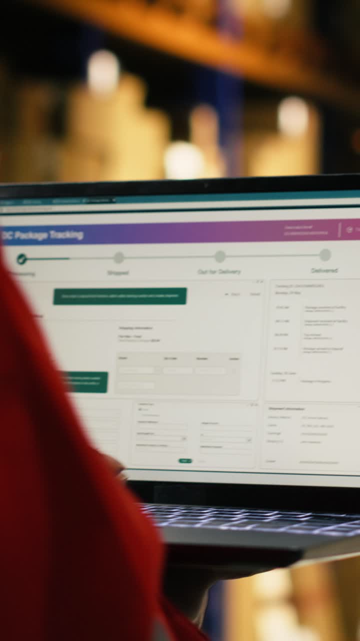 Vertical Video African American Employee Handling Cargo Details On Laptop In Modern Facility