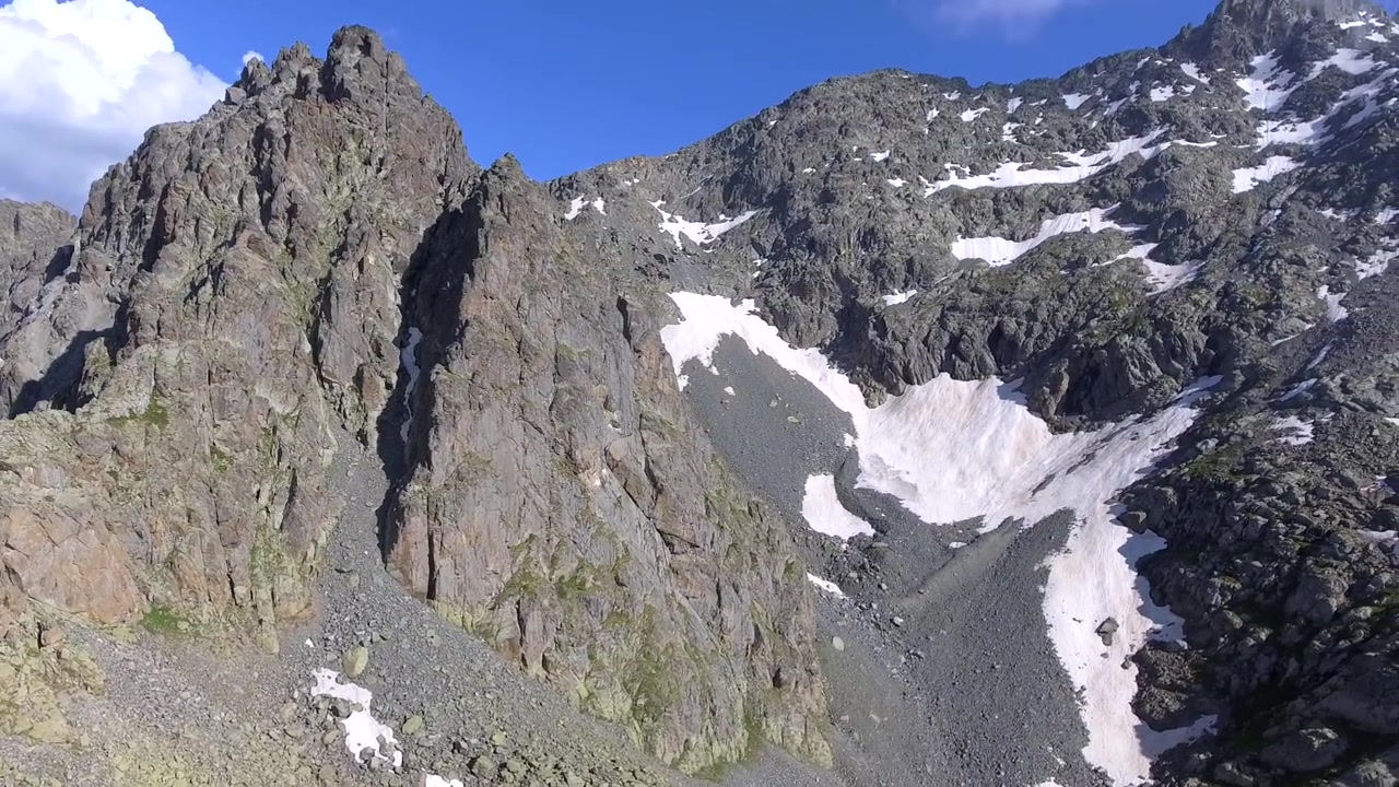 Aerial View of Rugged Mountain Peaks and Glacial Snow