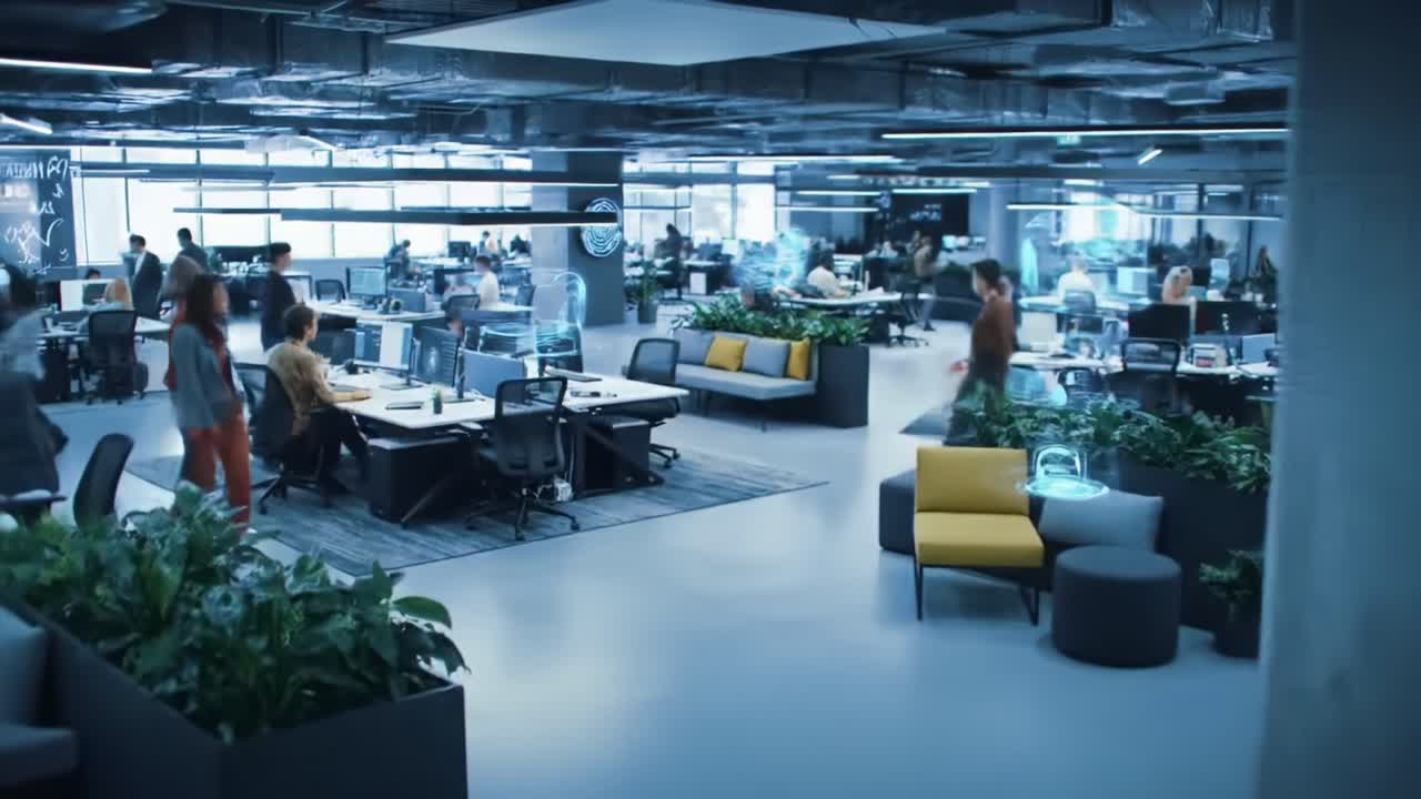 A Modern, Collaborative Office Space Filled with Employees Engaged in Various Work Activities in a Bright, Open Environment with Innovative Technology