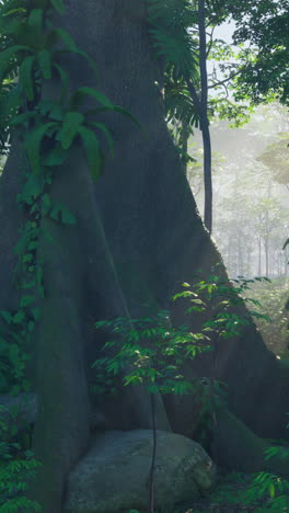 sunlight filtering through the trees in a lush rainforest