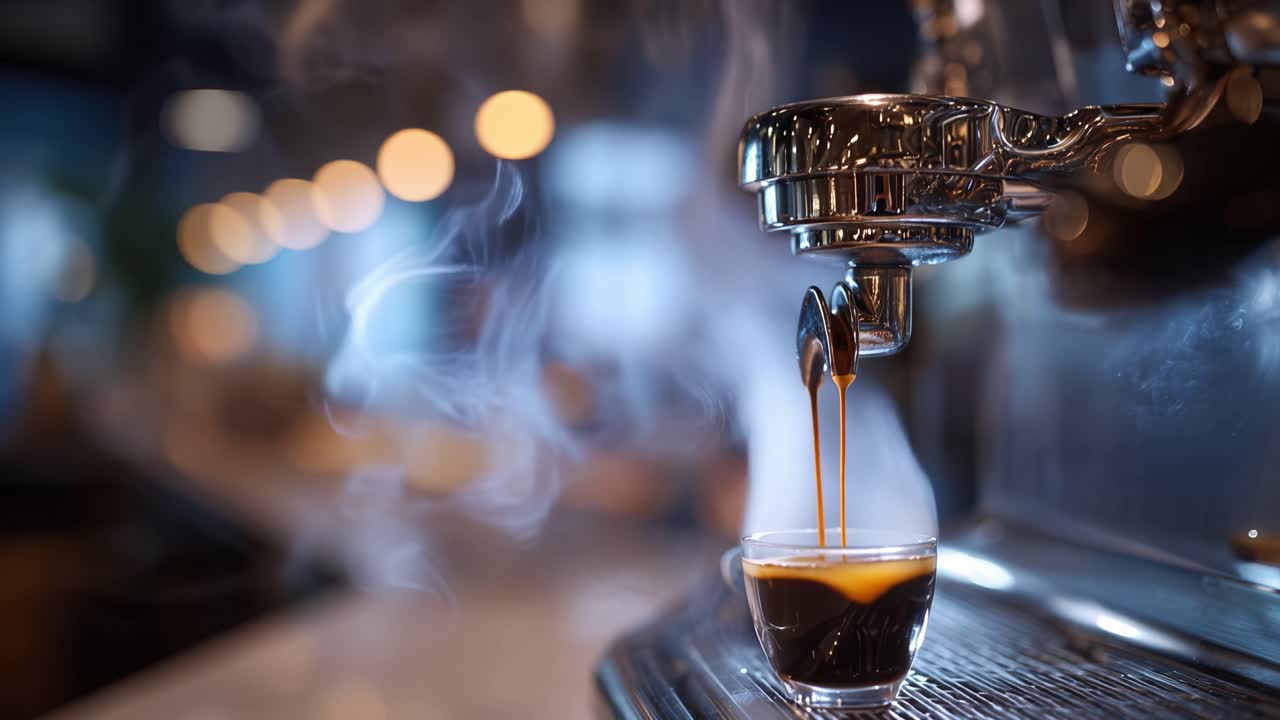 Steam curls from rich, dark espresso. Barista's artistry shines in every drop. Golden lights blur behind the counter. Quiet moment, warm, inviting, and perfect. Ideal for cafe, luxury