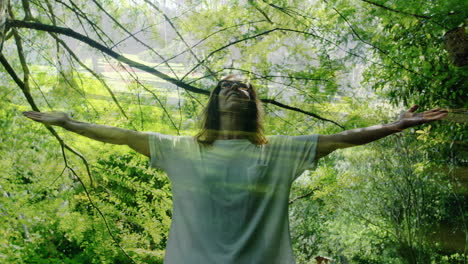 woman enjoying forest breeze 4k