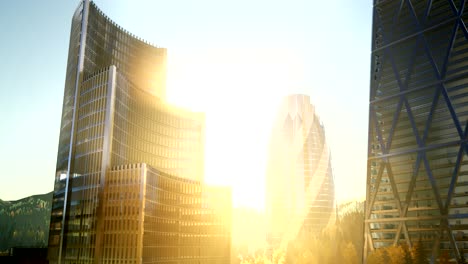 city skyscrapes with lense flairs at sunset