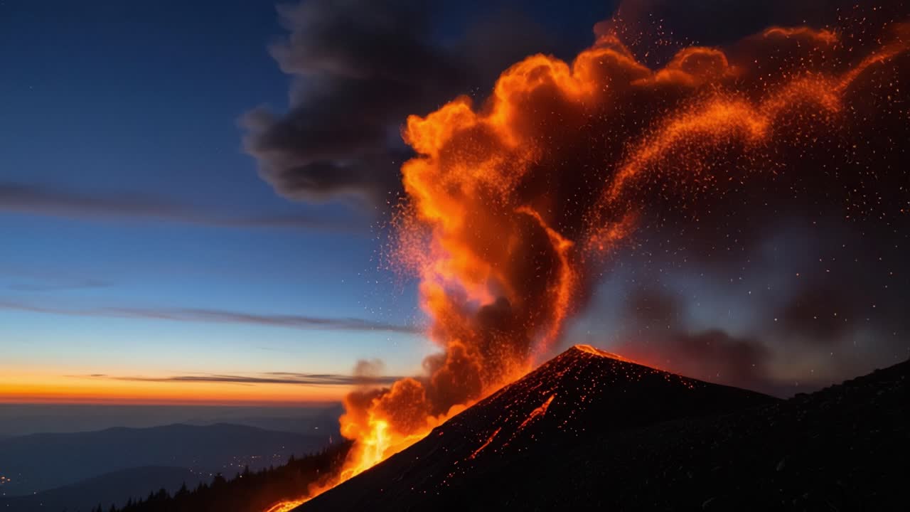 Majestic Volcanic Eruption at Twilight: A Spectacular Display of Lava, Ash, and Smoke Illuminating the Sky Against the Backdrop of a Dusk Landscape