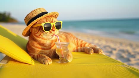 an orange tabby cat lounges comfortably on a bright yellow beach chair, wearing stylish sunglasses and a straw hat. the playful feline enjoys a refreshing drink served in a small glass while lounging on the sandy shore. the sun sets on the horizon, casting a warm glow over the scene. the tranquil be
