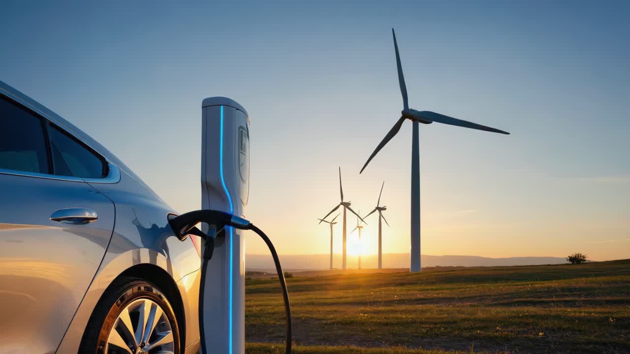 Gün Batımında Bir Rüzgar Çiftliğinde Elektrikli Araç Şarjı