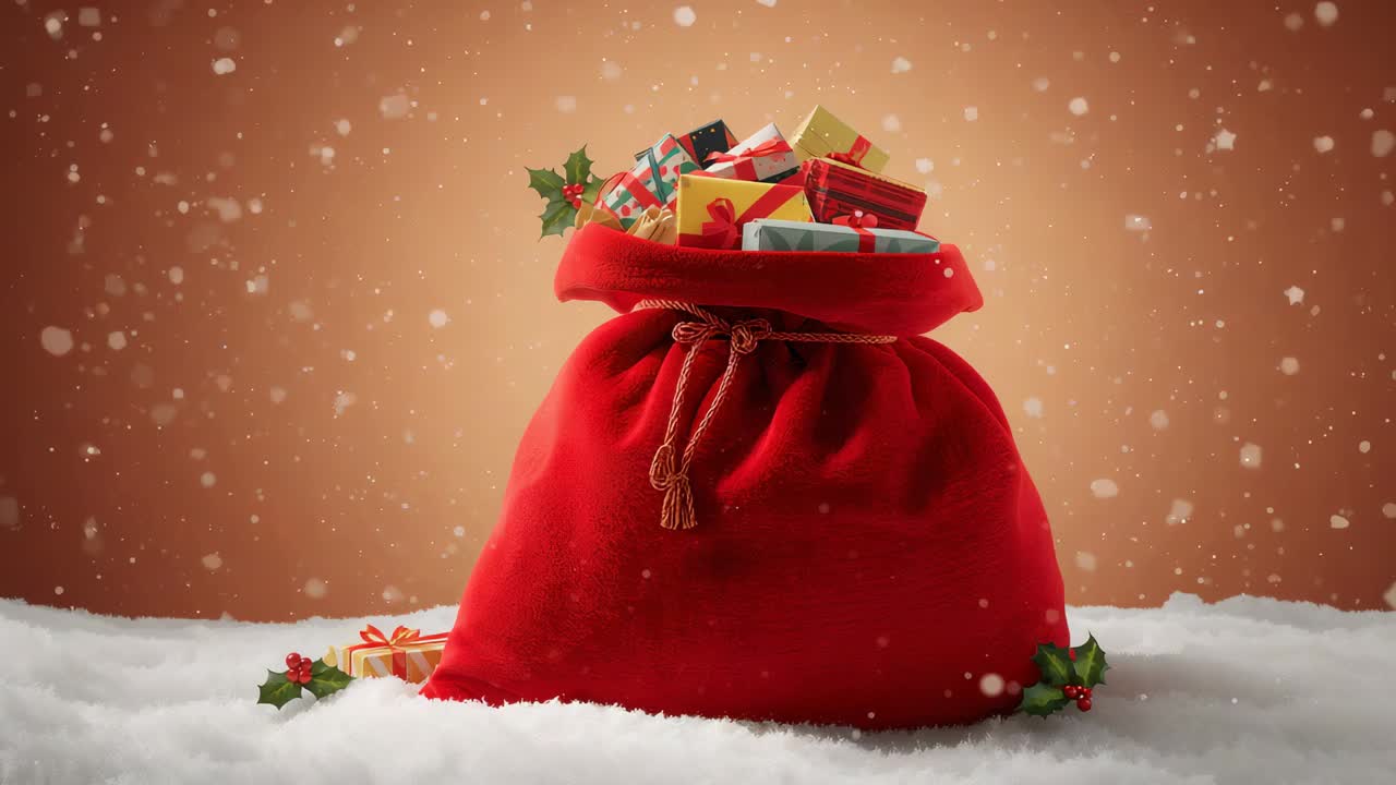 Sneeuwanimatie van dwarrelende vlokken die over een rode zak met cadeaus in de sneeuw met hulst voor de feestdagen dwarrelen