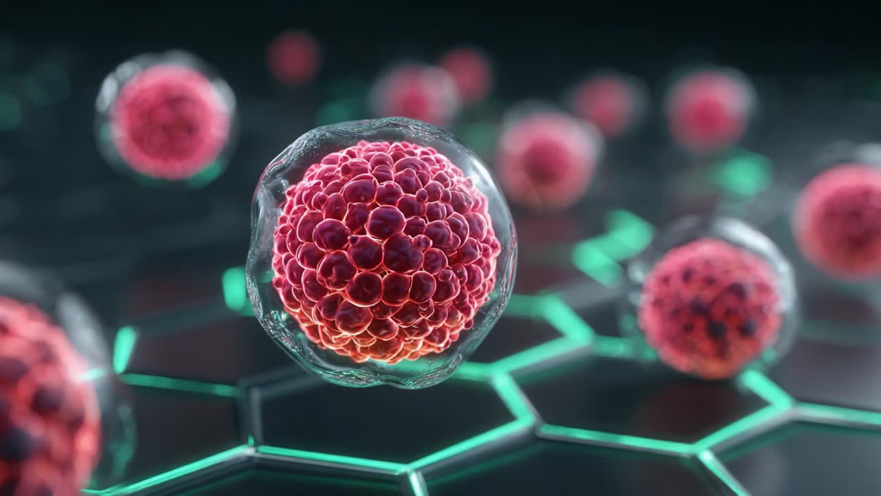 Esplorando il mondo microscopico: uno straordinario viaggio visivo attraverso strutture cellulari vivaci su una griglia nanostrutturata futuristica