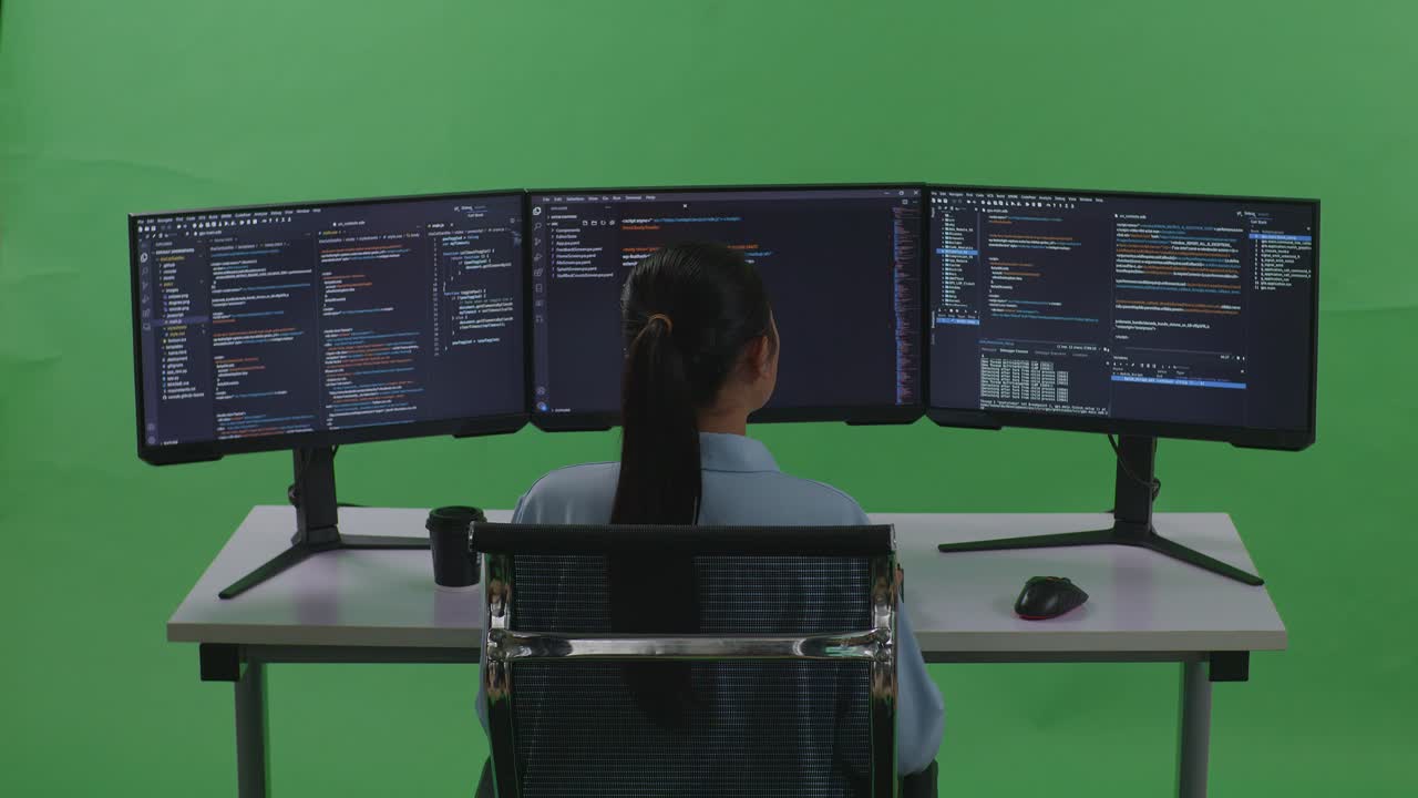 Back View Of Asian Woman Developer Having Headache While Write Code With Multiple Computer Screens In Green Screen Studio