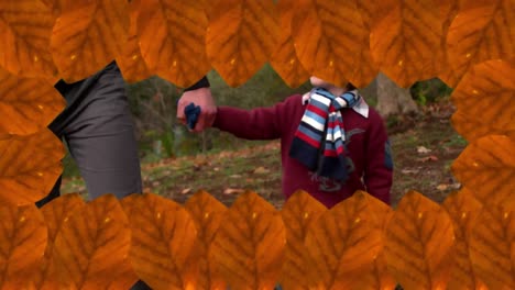 animación de hojas de otoño que caen sobre un niño caucásico feliz con su padre en el parque