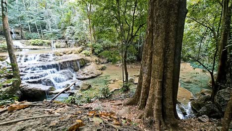 tranquil forest waterfall at erawan national park, kanchanaburi with cascades among green trees