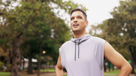 Breathing,-exercise-and-happy-man-runner-in-a-park