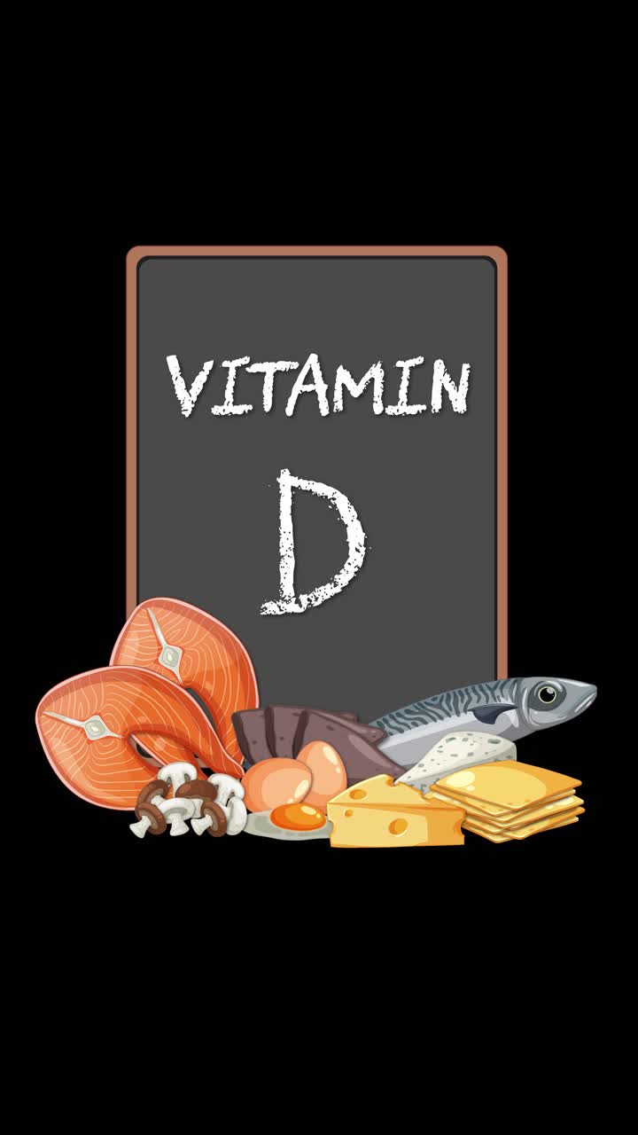 Animated vitamin D foods slide in around chalkboard label on black background