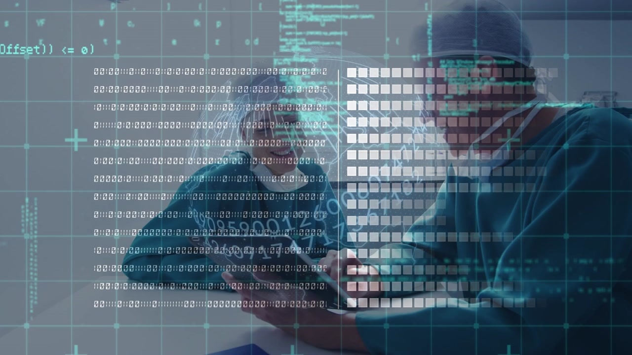 Animation of data processing over smiling delivery man