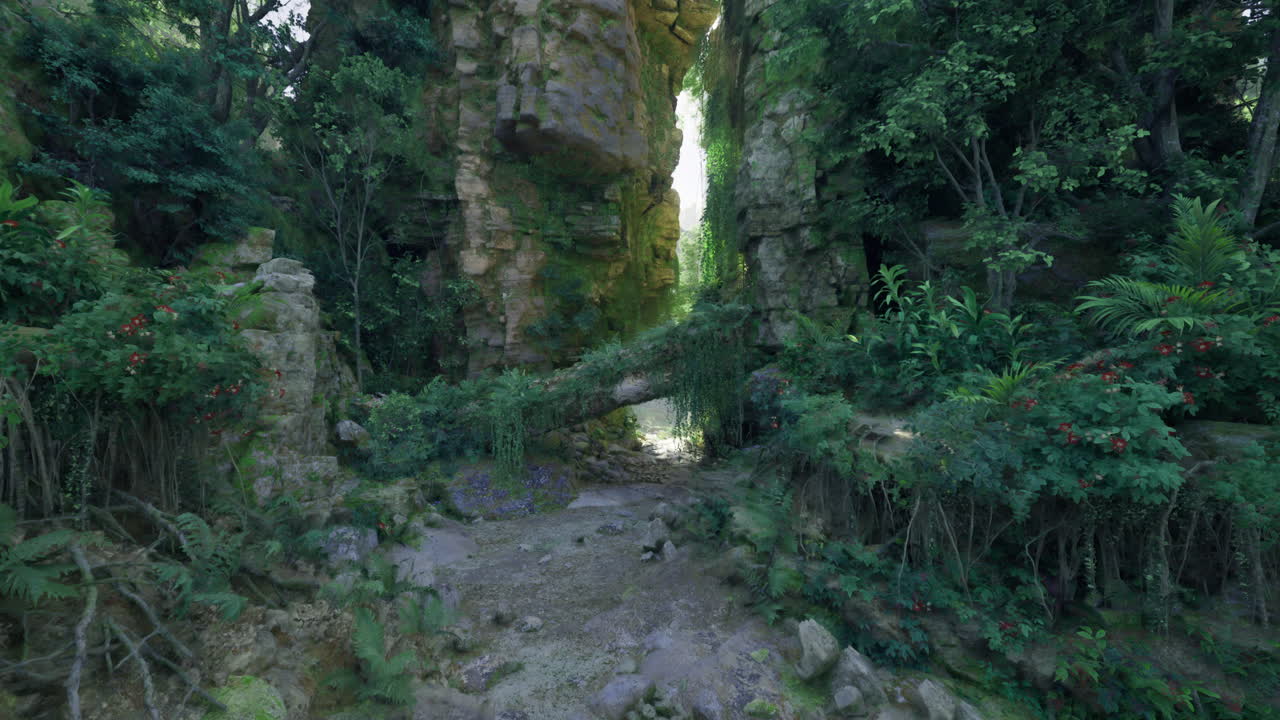 Scenic rock formation with lush greenery in a serene natural setting