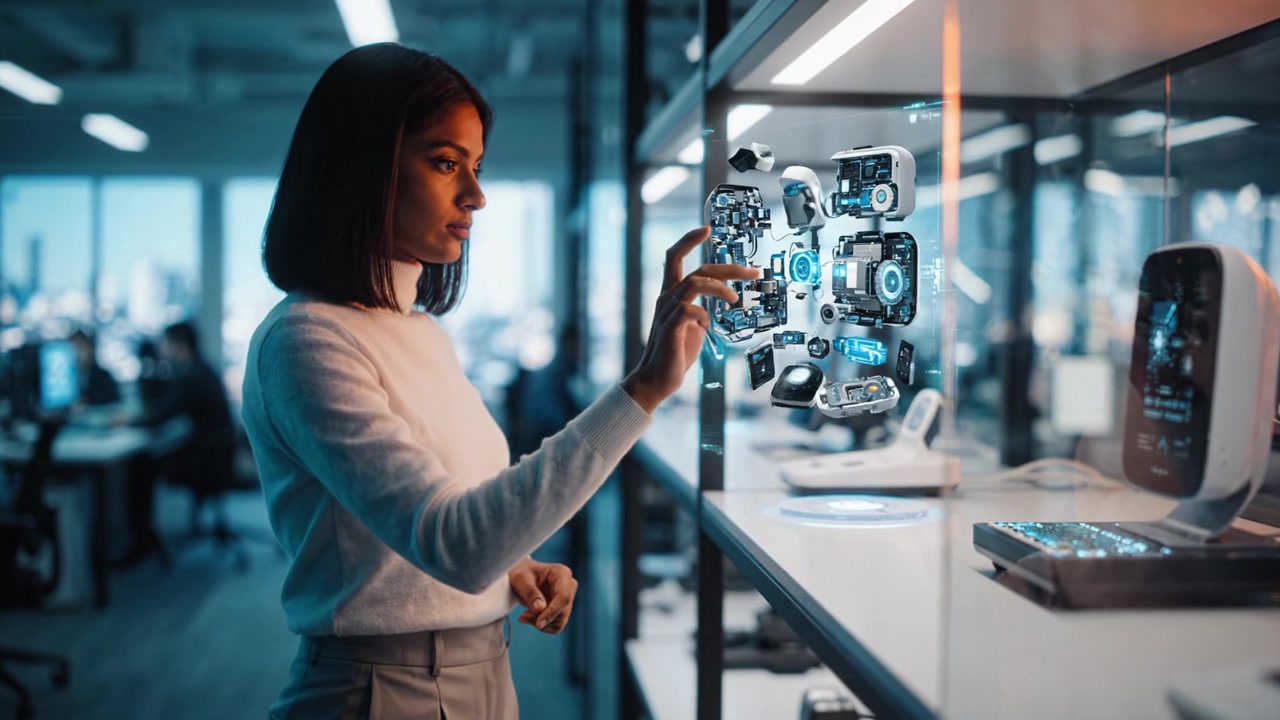 A Woman Observes Innovative Technology Displays in a Modern Office Environment, Showcasing Advanced Gadgets and Futuristic Holograms in a Bright Atmosphere.