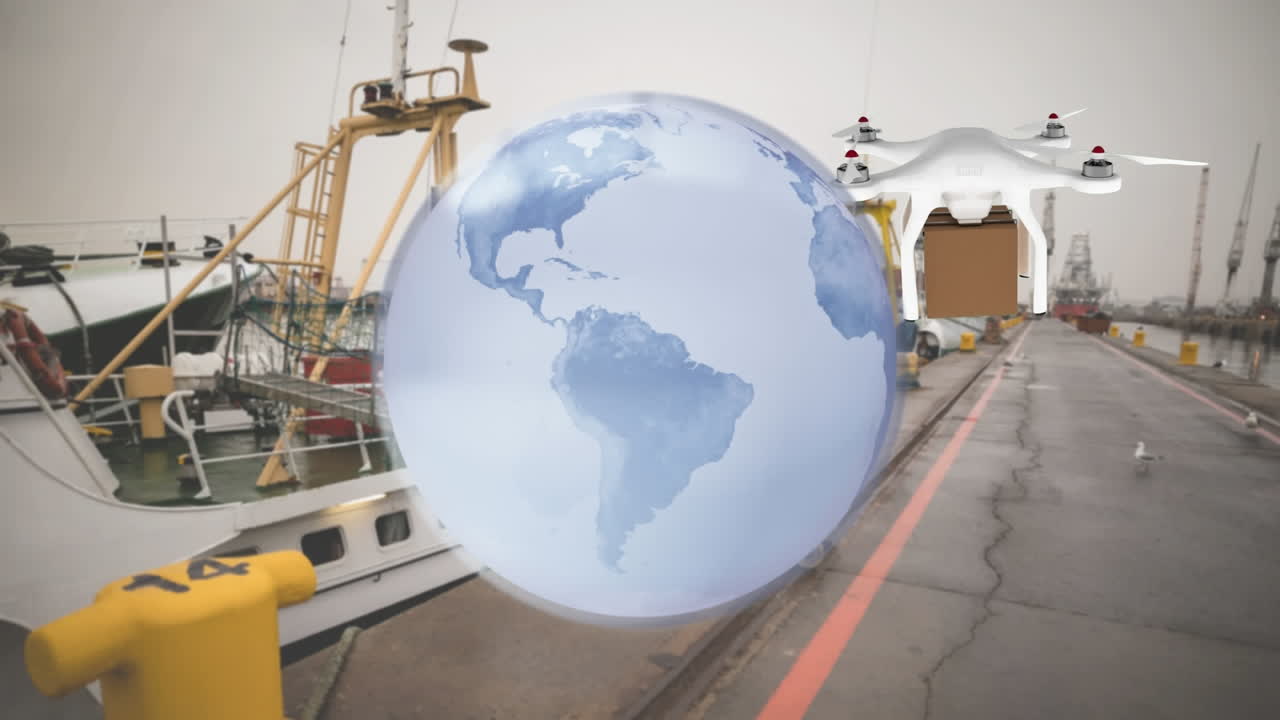 animación de la red de conexiones a través de drones con paquetes sobre el puerto