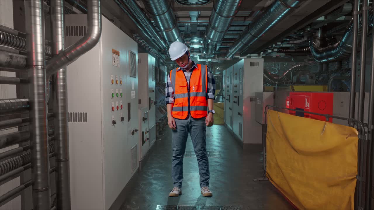 Full Body Of Asian Male Engineer With Safety Helmet Having A Headache While Working In Engine Control Room, Work Of Electrical Generators