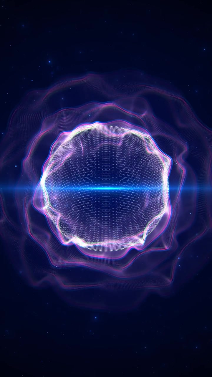 Glowing deformed sphere ripples neon lines dotted grid energetic waves cosmic audio equalizers