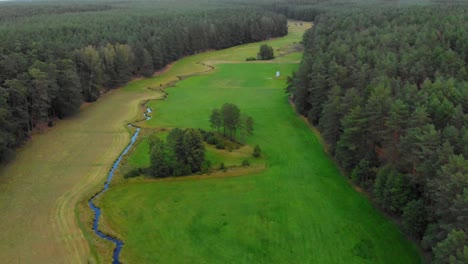 Aerial-shot-of-a-small-creek-in-glacial-valley-in-wdzydze-kiszewskie,-poland