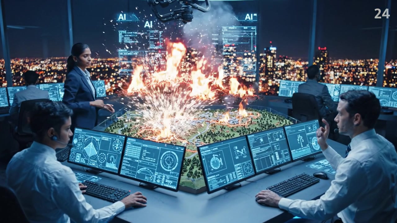 A Control Room Management Team Monitors and Responds to a Crisis Situation Using Advanced Technology and Artificial Intelligence in a Futuristic City Scenario