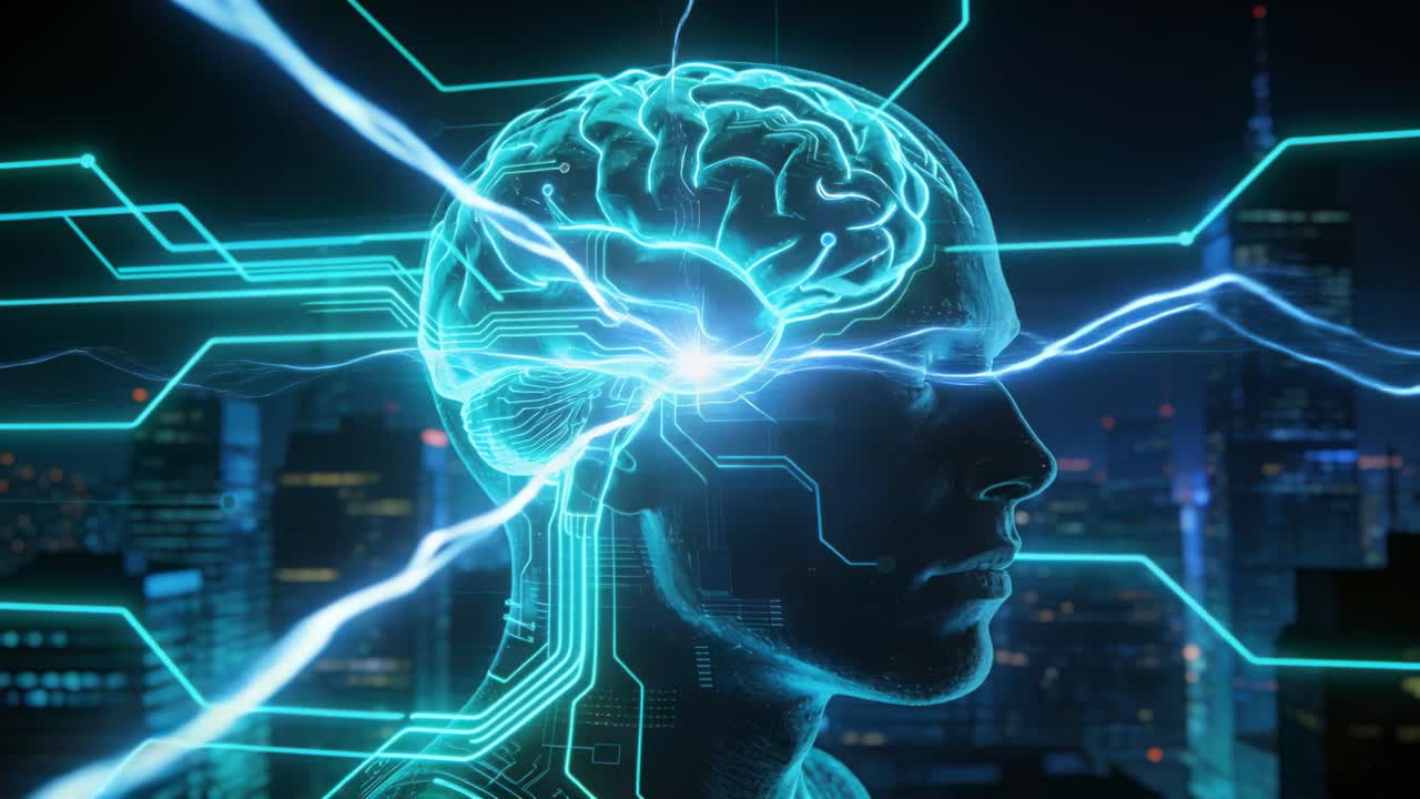Male profile receiving neon brain overlay as city grid signals lighting circuitry for technology