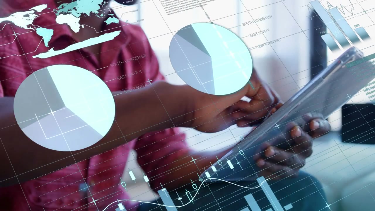 Animation of data processing over african american businessman in office