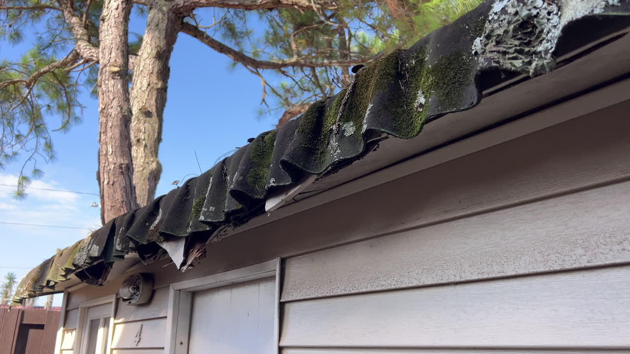 Neglected house roof eaves with moss, lichen and stains, showing damaged edge and maintenance or repair needs on exterior siding