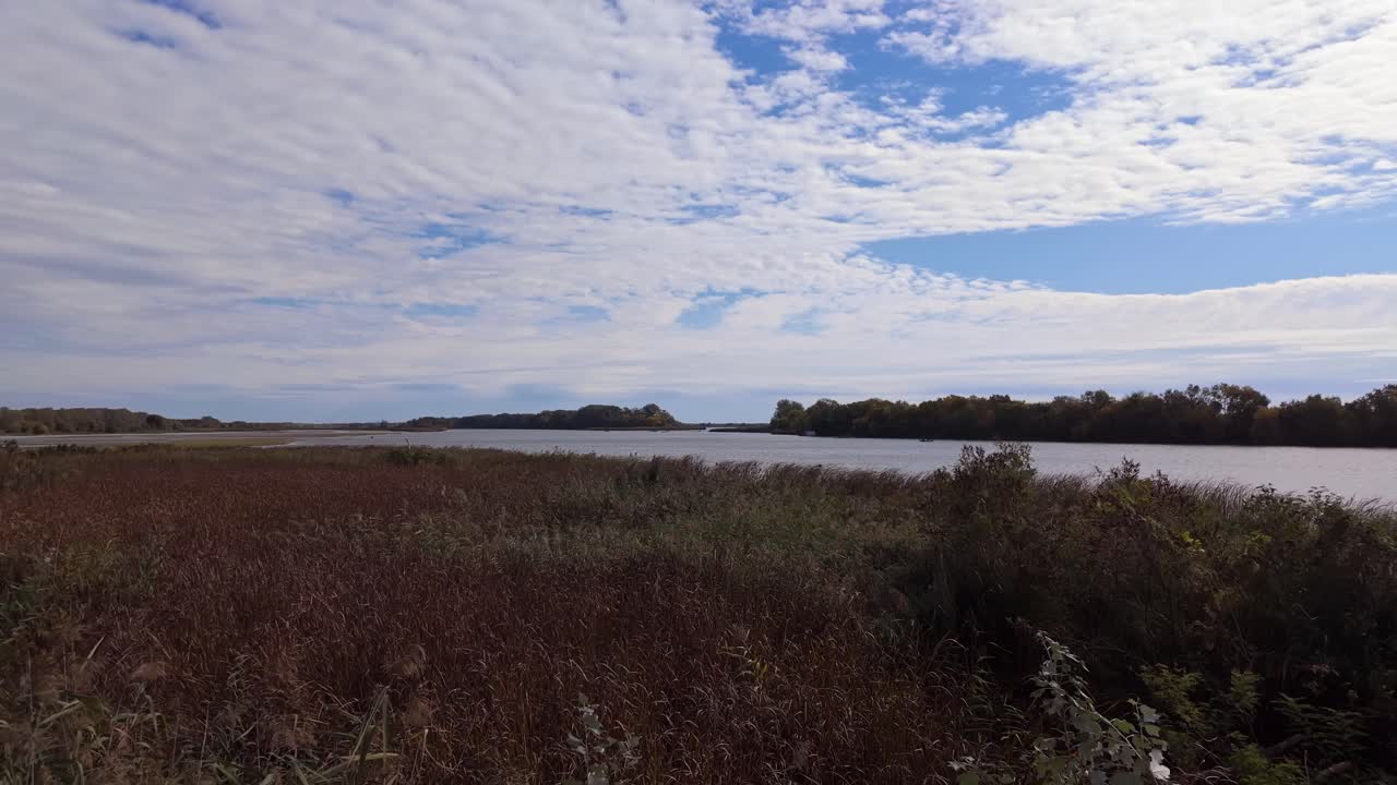 View of Abadszalok basin of Lake Tisza behind the marshy and reed-covered shoreline in Kiskore on a sunny autumn day in Hungary.