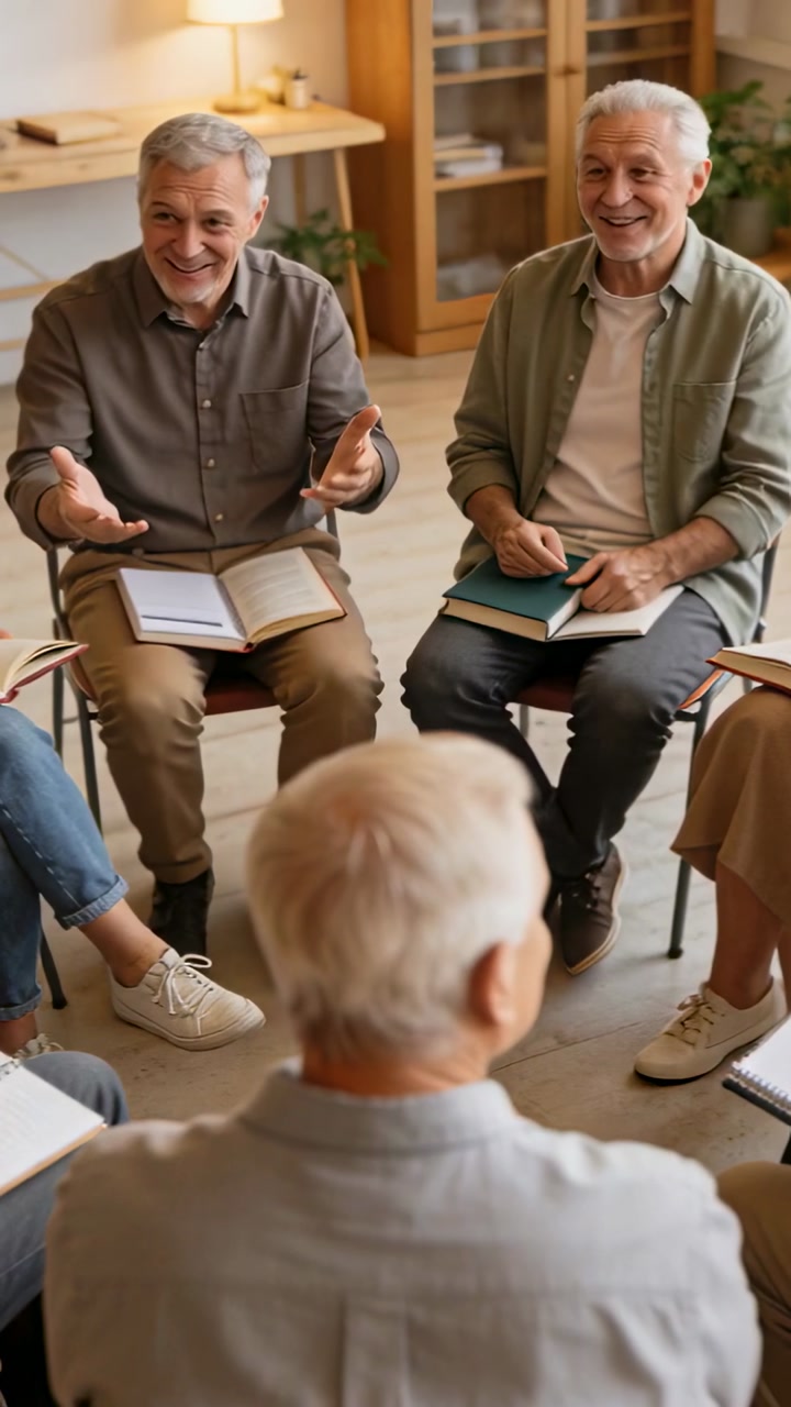 Vertical video: Rearview starting senior in shirt listening to two men opening books during meeting