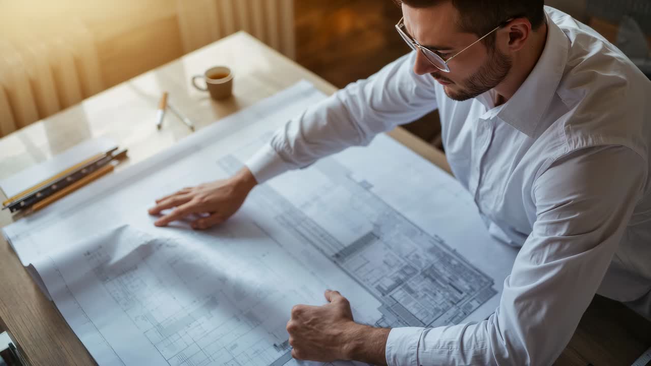 Flattening rolled plan, man in white shirt and glasses smoothing drawing at desk, for measuring