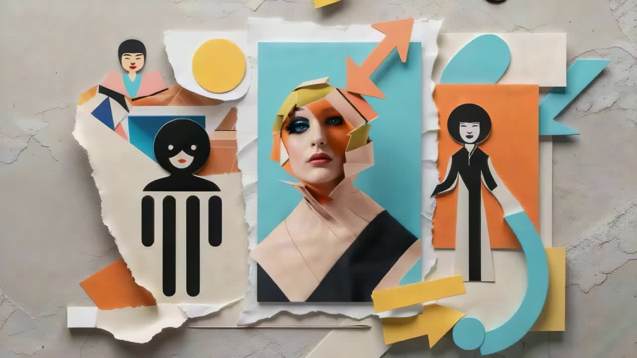 Abstract Paper Art Collage Featuring a Fragmented Woman's Portrait and Stylized Figures
