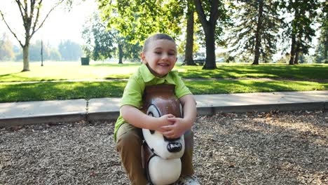 excited little boy on chipmunk playground rocker