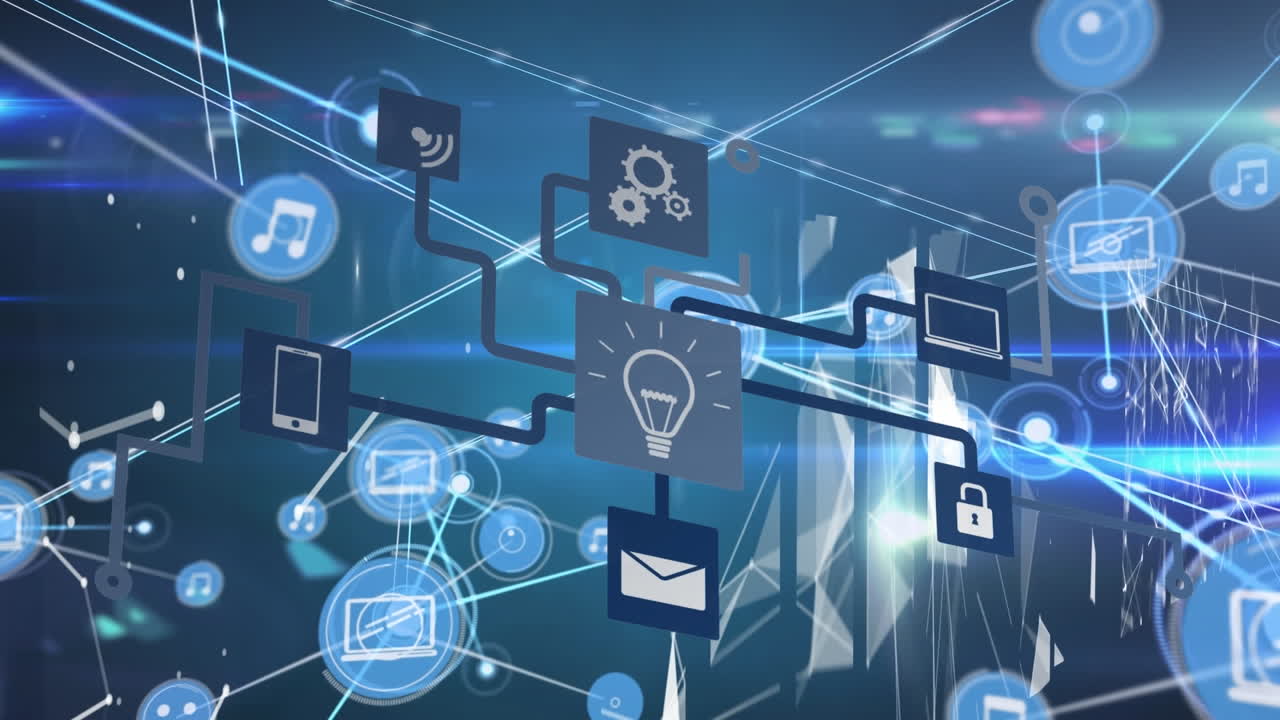 Animation of flow chart of icons and icons connected with lines over abstract background