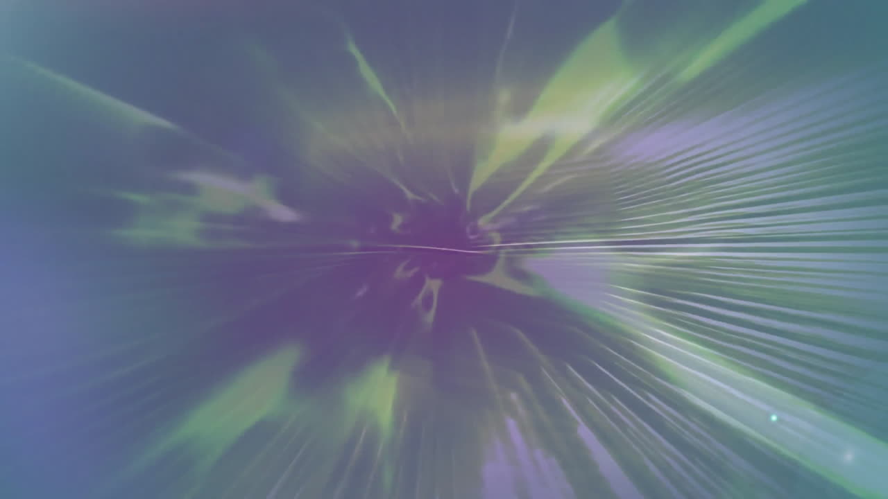 Animation of colourful light trails and spots moving on black background