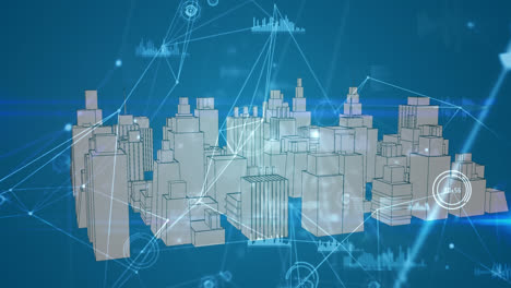 Animation-of-network-of-connections-and-data-processing-over-city-on-blue-background