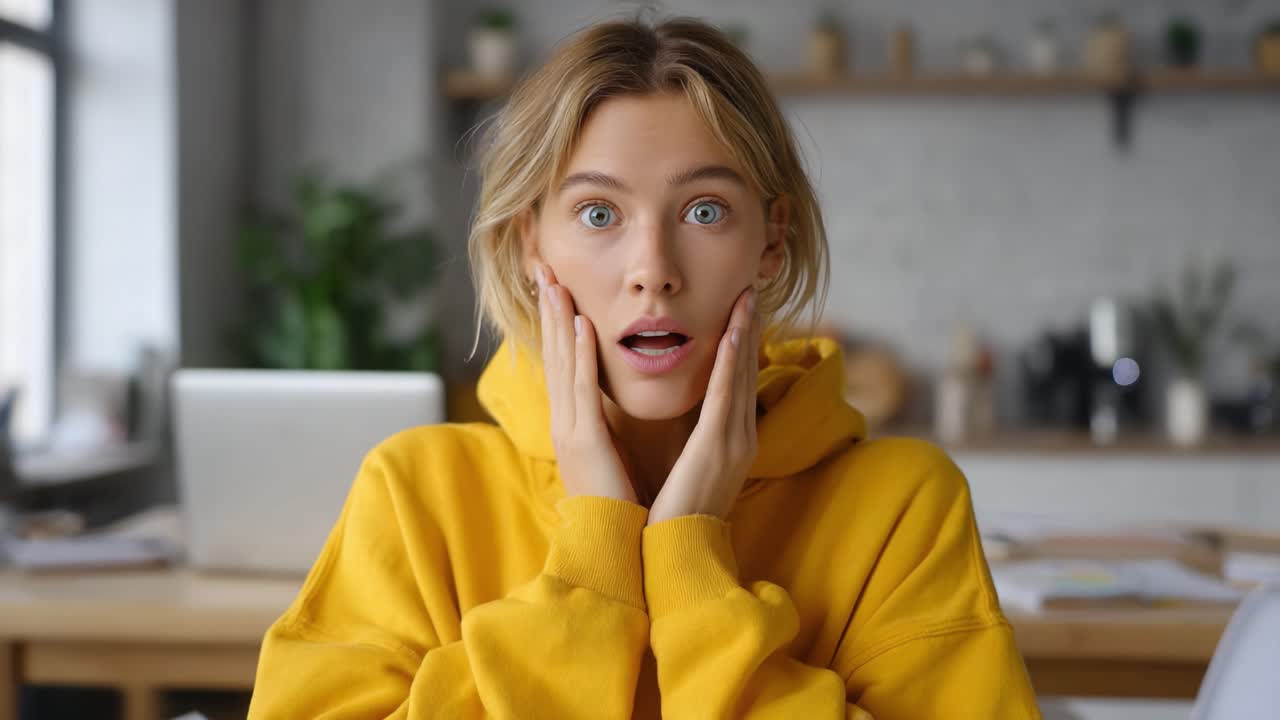 Astonished Expression: Capturing the Moment of Surprise and Wonder in a Young Woman Wearing a Yellow Hoodie in a Cozy Indoor Space