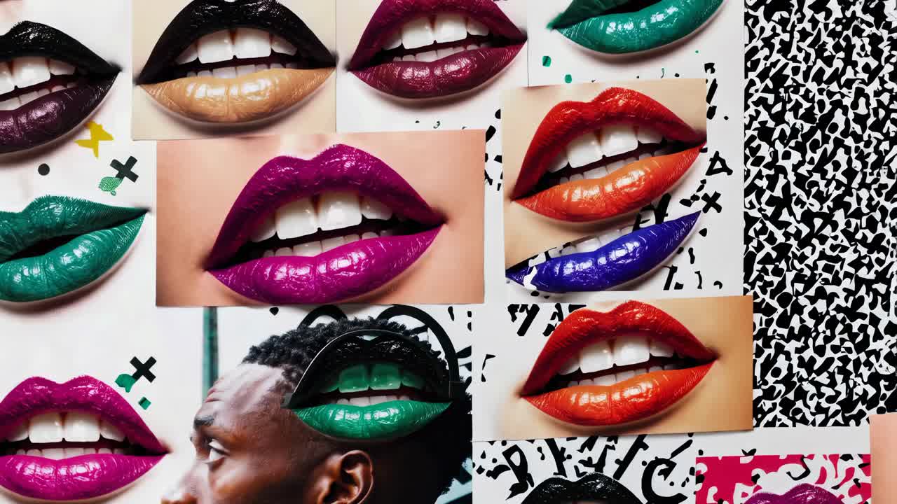 Collage di rossetti colorati con uomo