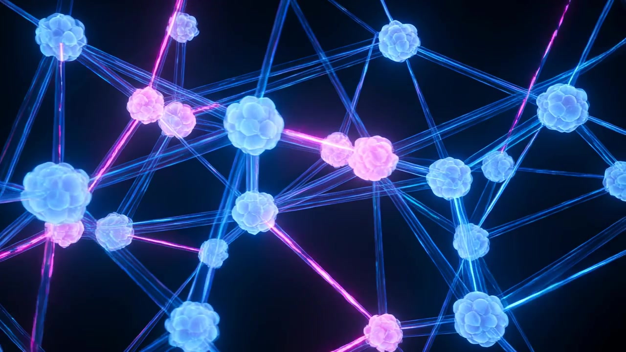 Pulsing dense nodes sending pink energy after left spark along strands in dark void, mapping links