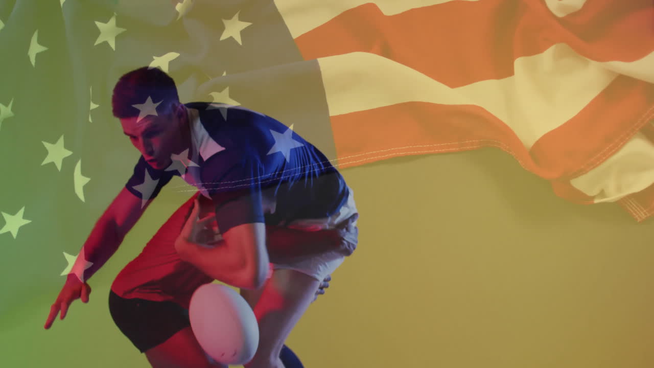 Animation of rugby players in action over American flag background