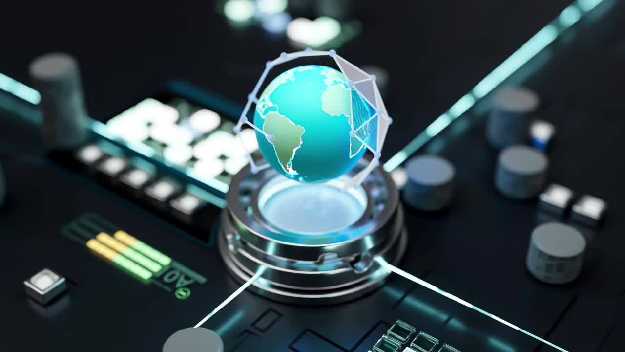 전력 플랫폼에서 지구. 지구의 표면에 선택적인 초점을 맞추기. 과학과 기술의 개념. 애니메이션 원활한 루프.