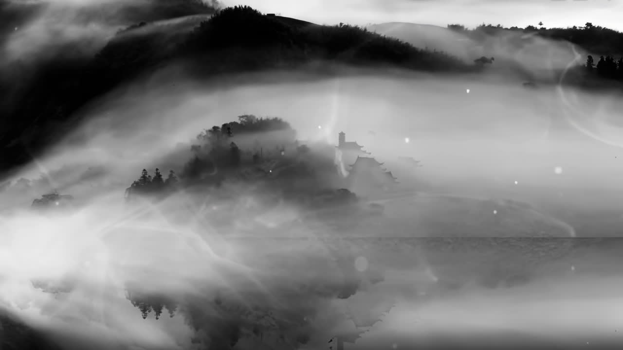 아름다운 아침 하늘, 산, 꽃, 호수, 고대 집의 환상적인 밝은 분위기 풍경, 간단한 애니메이션과 함께 일본어 중국 애니메이션 수채화 스타일