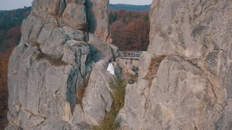 newlyweds stand on a high slope of the mountain. groom and bride. arial view